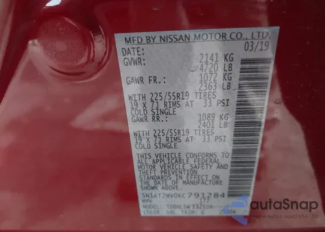 2019 Nissan Rogue Sl z USA, uszkodzony, nr VIN 5N1AT2MV0KC791284